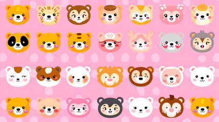 Adorable collection of cartoon animal faces, featuring various expressions, on a playful pink polka dot background.
