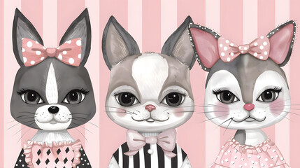 A series of cute cartoon kitten faces with stylish bows against a pink striped background, perfect for children's designs.
