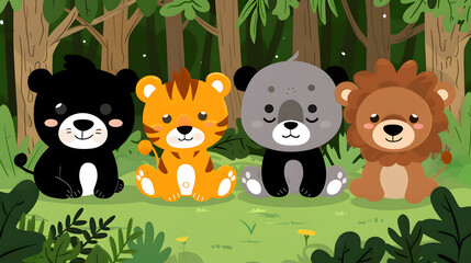 Four adorable cartoon forest animals sitting together in a lush green forest, creating a friendly and inviting scene.

