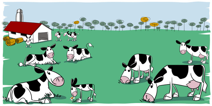 Herd of dairy cows and calf holstein breed in humoristic illustration in a meadow grazing walking and looking towards the observer and isolated illustration
