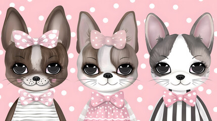 Three fashionable cartoon cats with different patterns, adorned with bows and polka dots, presenting a chic and whimsical style.
