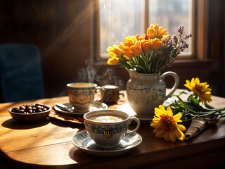 Two cups of coffee on the table. In the room there is a bouquet in a vase with yellow flowers. The room is filled with warm sunlight.