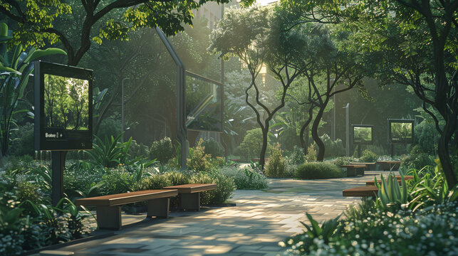 An intricately designed urban park equipped with smart benches, Wi-Fi hotspots, and interactive screens, providing residents with spaces for relaxation and connectivity within a smart city environment