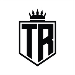 TR Logo monogram bold shield geometric shape with crown outline black and white style design