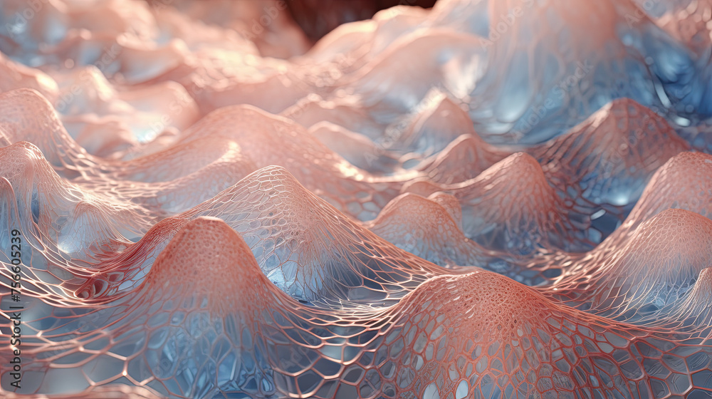 Poster Scientific abstraction with futuristic textured tissue waves. Tech background with close-up wave bio texture.
