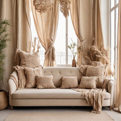 Beige fabric sofa against window. Boho home interior design of modern living room.
