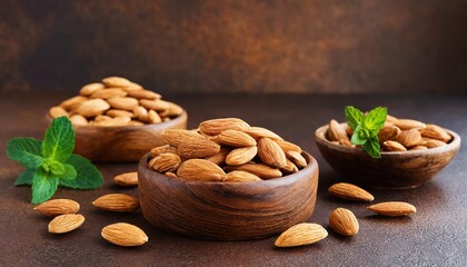 Almond nuts in wooden dishes on a ceramic table. Brown background with copy space. top view 