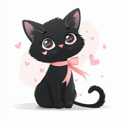 Cute black cat with a pink ribbon and hearts. Character for children, illustration in flat style