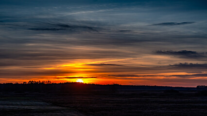 Autumn sunset seen through trees in Podlasie.