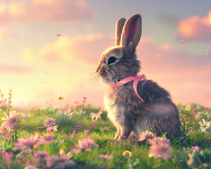 Easter Bunny with a pink bow on a field with spring flowers, pastel colors, festive card or background
