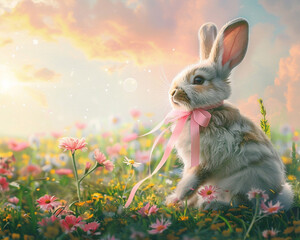 Easter Bunny with a pink bow on a field with spring flowers, pastel colors, festive card or background