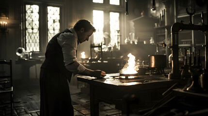 A scientist in period clothing is intensely focused on his work in a dimly lit, classic science laboratory.
