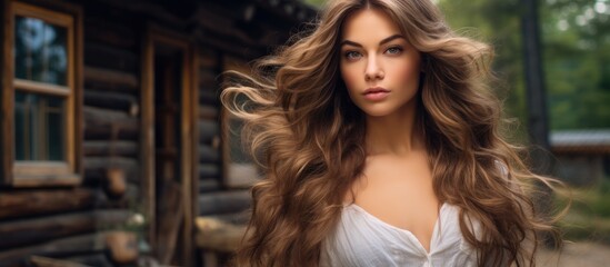 A woman with long layered brown hair is standing in front of a log cabin. Her eyelashes flutter as she gazes out, showcasing her trendy fashion design