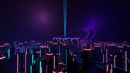 Futuristic smart city landscape with high technology and digital smart connection, city night light background, data tech, neon light of building skyscraper, 3D render.