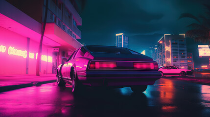 Futuristic car on the cybeprunk street in blue and purple synthwave colors. Cool retro supercar on synthwave street. - obrazy, fototapety, plakaty