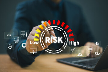Assessment business investment concept. Businessman touch risk management. Plan matrix control technology. Internet network forecast evaluation, international financial security strategy background