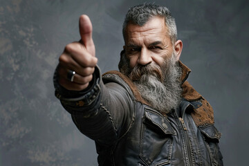 Brutal man with beard and in leather jacket showing thumbs up isolated on gray background with space for text or inscriptions
 - Powered by Adobe