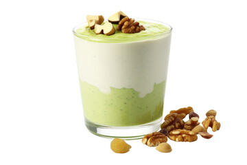 Yogurt mixed with green tea and matcha powder Topped with matcha sauce Isolated on transparent background.