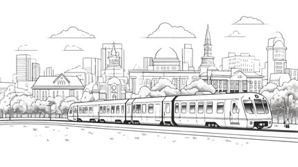 Line art cityscape vector illustration with public 