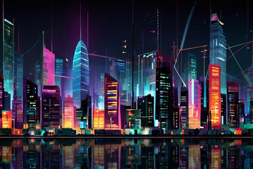 Dazzling digital city lights. Fusion of technology, business, and digital elements. Captivating interplay against seamless data, finance backdrop.
