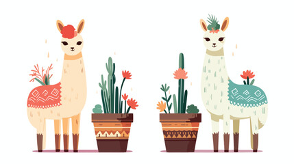 Llama and cactus in pot decoration flat vector 