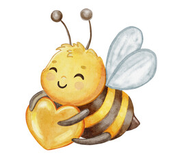 Cartoon bee with honey with heart shaped honey. Yellow honey drop. Watercolor illustration