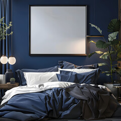 Cozy dark blue bedroom interior, mockup frame. 3d render.