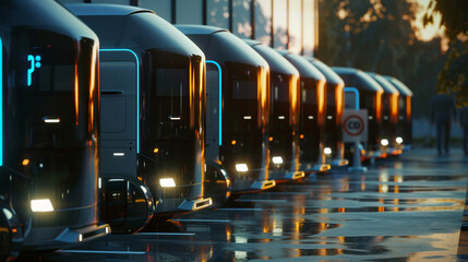 Autonomous delivery vehicles lined up in a charging station, ready to hit the road and fulfill orders in urban and rural areas alike. 8K - - obrazy, fototapety, plakaty