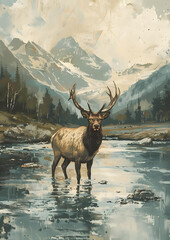 A fawn in a river, mountains in the background, surrounded by natures beauty