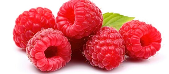a bunch of raspberries with a green leaf on a white background . High quality