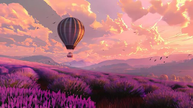 Hot air balloon flying over the lavender field.