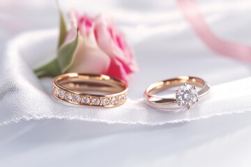 Timeless love Wedding rings on white and red roses backdrop