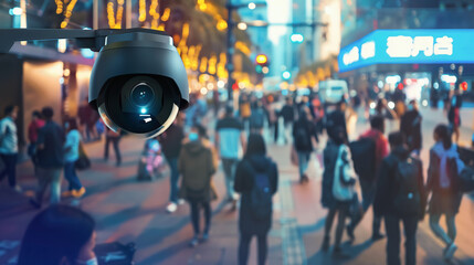 Security camera in the evening city. CCTV security spherical camera monitoring the city street. Video surveillance control concept