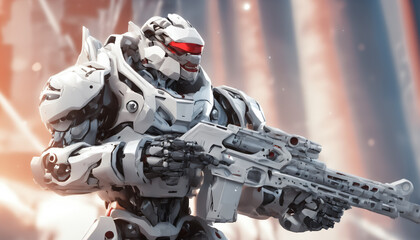 Fototapeta premium Urban Frontier: The Mech-Polar Bear Warrior Readies for Battle Generative AI