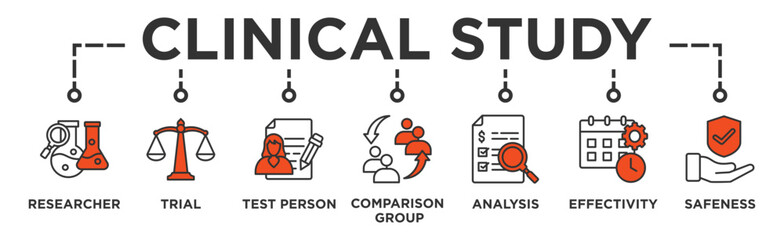 Clinical study banner web icon vector illustration concept for clinical trial research with an icon of researcher, trial, test person, comparison group, analysis, effectivity, and safeness