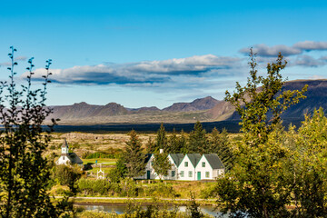 Most iconic Icelandic part near Reykjavik, Iceland, panorama of a lake in summer afternoon, the...