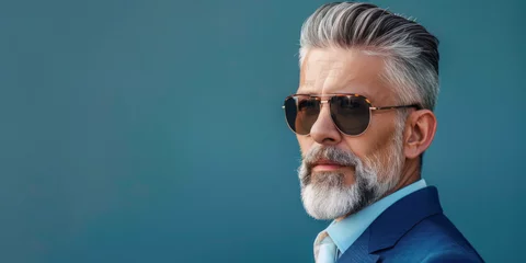 Foto op Plexiglas A sophisticated portrait of a mature man with silver hair and a neatly trimmed beard, wearing sunglasses and a sharp blue suit, against a solid blue background with copy space. © julijadmi