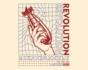 Vector illustration of hand holding a rocket bomb of an animated character. War illustration vector or streetwear design concept