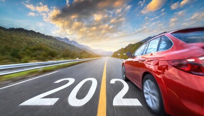Blurred motion highway with red car, and new year number 2024, on the road 