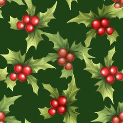 Christmas Holly seamless pattern on green background. - 756608869