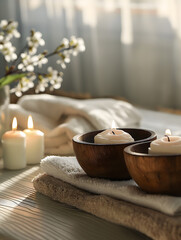 Relaxing Spa Ambience with Towels, Flowers, and Soap Dispenser