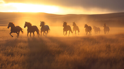 Fototapeta na wymiar Silhouetted Horses Running at Sunrise in a Misty Field