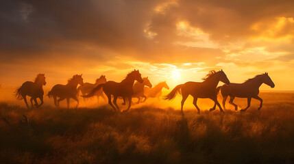 Fototapeta na wymiar Herd of Horses Running in Majestic Sunset Through the Field