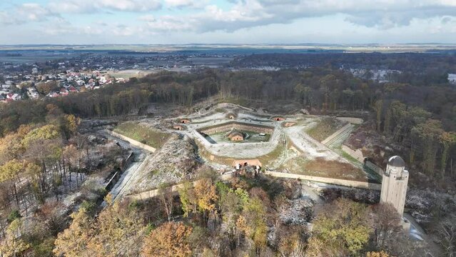 Aerial drone view of Nysa Stronghold early modern defensive systems. Fort nysa. Prussian fortress nysa in Opole. Fort Prussia, erected on the hills of the northern bank of the Nysa Klodzka river.	
