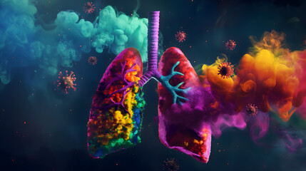 Obraz na płótnie Canvas Vibrant Digital Illustration of Lungs and Viruses in a Fantasy Style