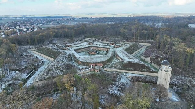 Aerial drone view of Nysa Stronghold early modern defensive systems. Fort nysa. Prussian fortress nysa in Opole. Fort Prussia, erected on the hills of the northern bank of the Nysa Klodzka river.	