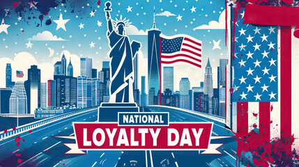 National Loyalty Day background with city skyline, statue of liberty and USA flag against starry and cloudy sky.