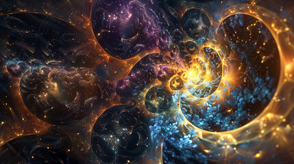 A celestial ballet of hexagonal forms, swirling and spiraling through the cosmos in a graceful...