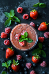 Fresh Berry Smoothie with Raspberry Garnish on a Dark Background