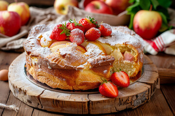 Classic sponge cake with apples and strawberries on wood table. Homemade cake - obrazy, fototapety, plakaty